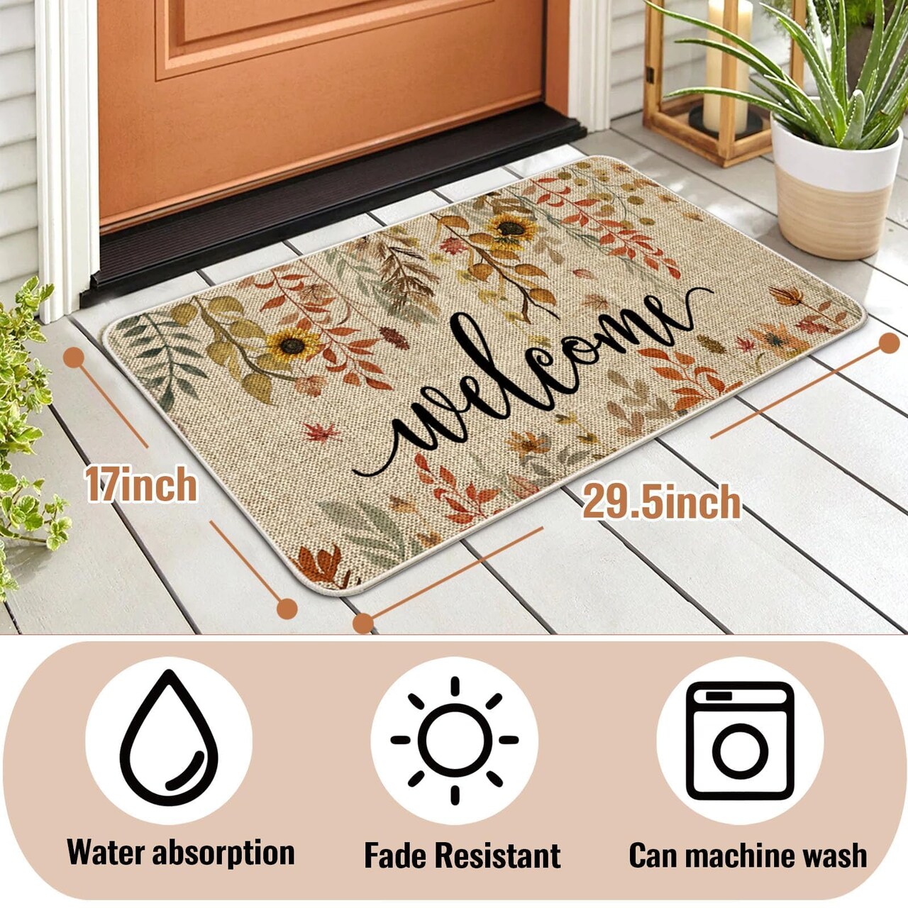 Welcome Fall Doormat Eucalyptus Leaves Sunflowers Door Mats Indoor Outdoor Patio Non-Slip Durable Entrance FloorMat for Home, Outside, Yard, Patio 17x29.5 Inch
